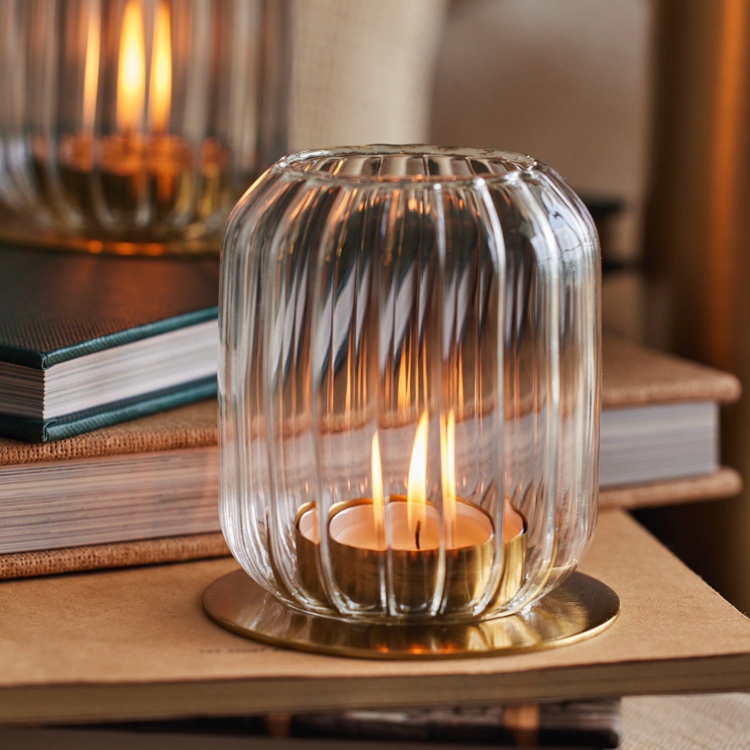 Kira Fluted Glass Lantern Candle Holders | Set of 2 | Mouth-Blown Borosilicate Glass | Brass Base