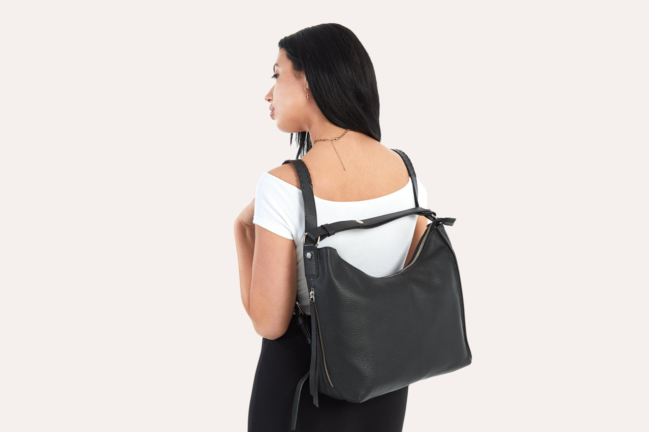 Convertible Pebble Leather Shoulder Bag & Backpack