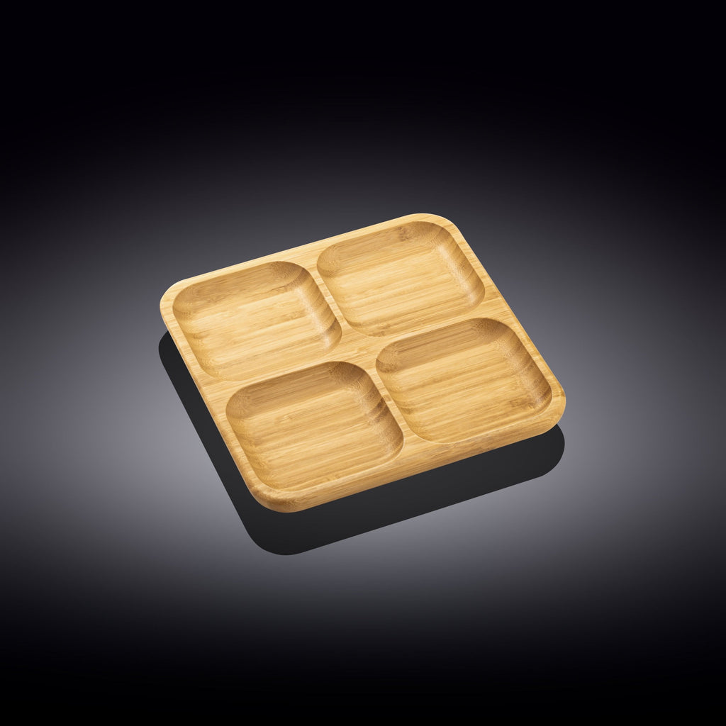 Bamboo Square Divided Serving Dish | 4 Wells | 8.5" | Natural Bamboo | Heatproof | WILMAX
