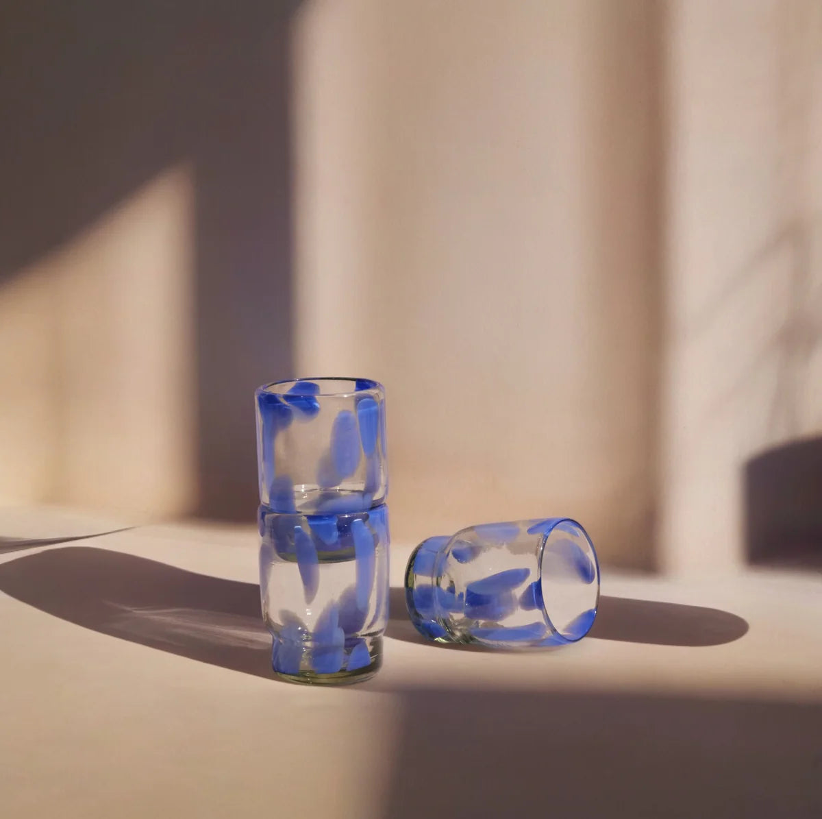 Marta Stackable Glass | Blue & Clear | Set of 4 | Mouthblown in Mexico | 100% Recycled Glass