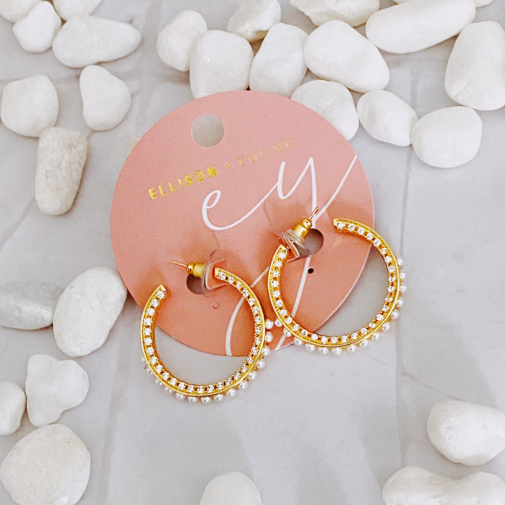 Classy Lady Pearl Hoop Earrings | 18K Gold Plated Brass | Pearl & Cubic Zirconia