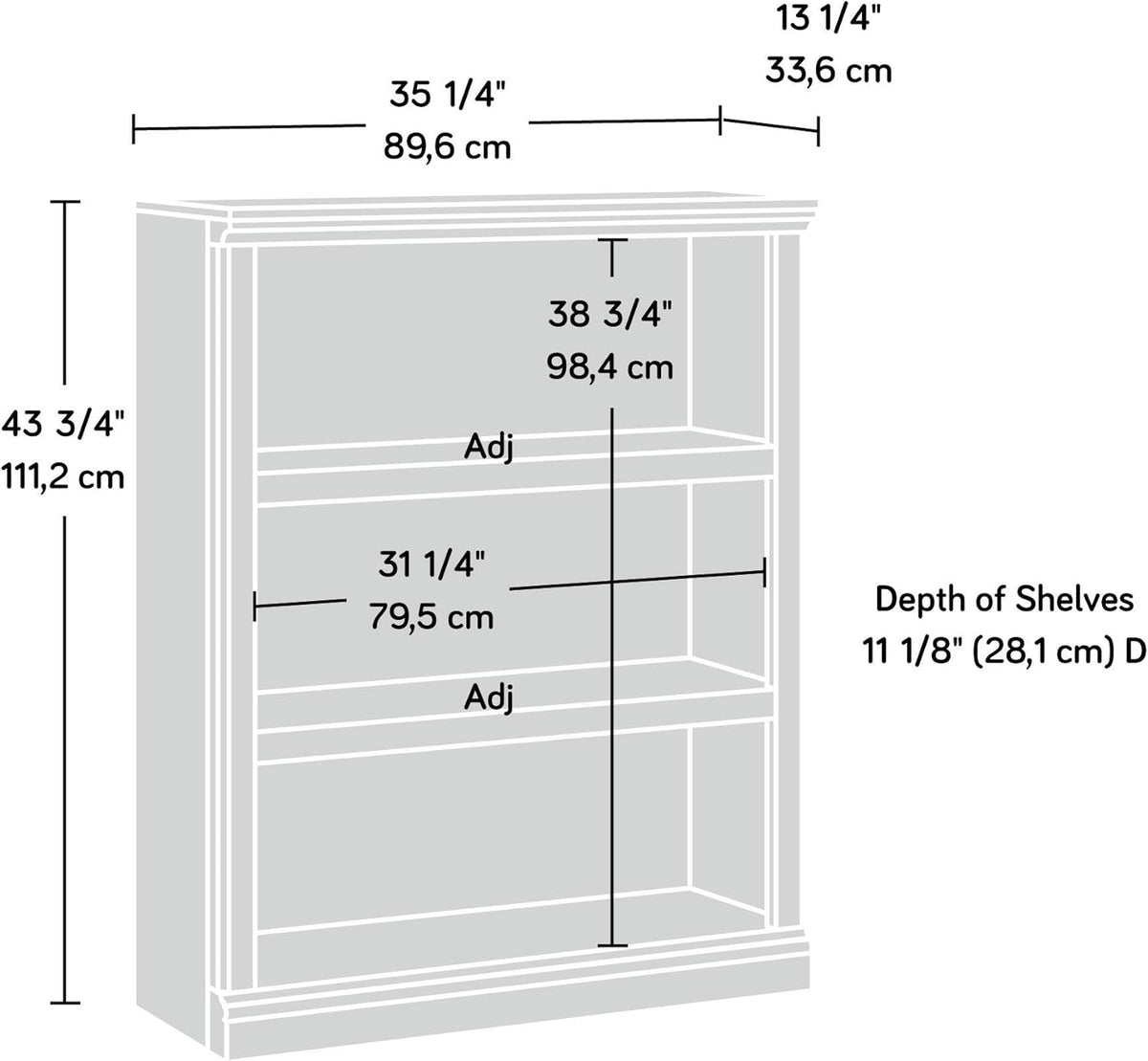 Three Shelf Bookcase In Jamocha Wood Finish 35.28In L 13.23In W