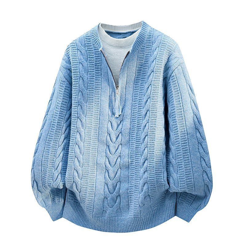Men's Fake Two Piece Long Sleeve Half Zip Knit Sweater
