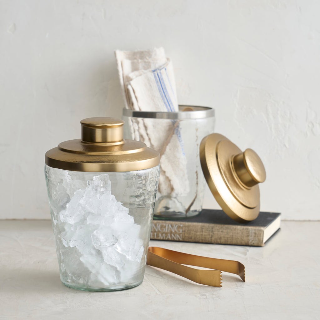 Pebbled Glass Ice Bucket & Brass Tongs Set | 60 oz | Hammered Brass Lid | Entertaining | Powered by People