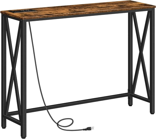 Rustic Brown Sofa Table With Power Outlet And USB Ports