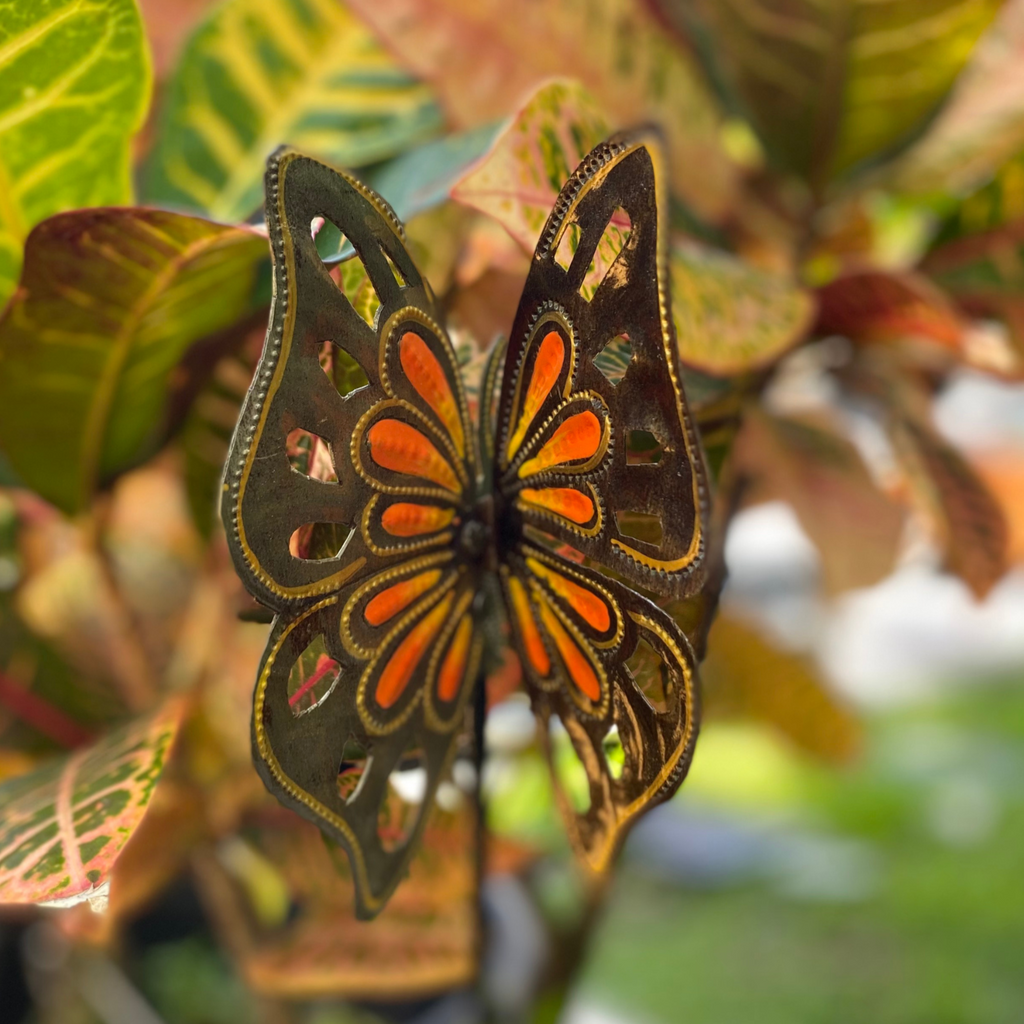 Orange Butterfly Garden Stake – Handcrafted Metal Art