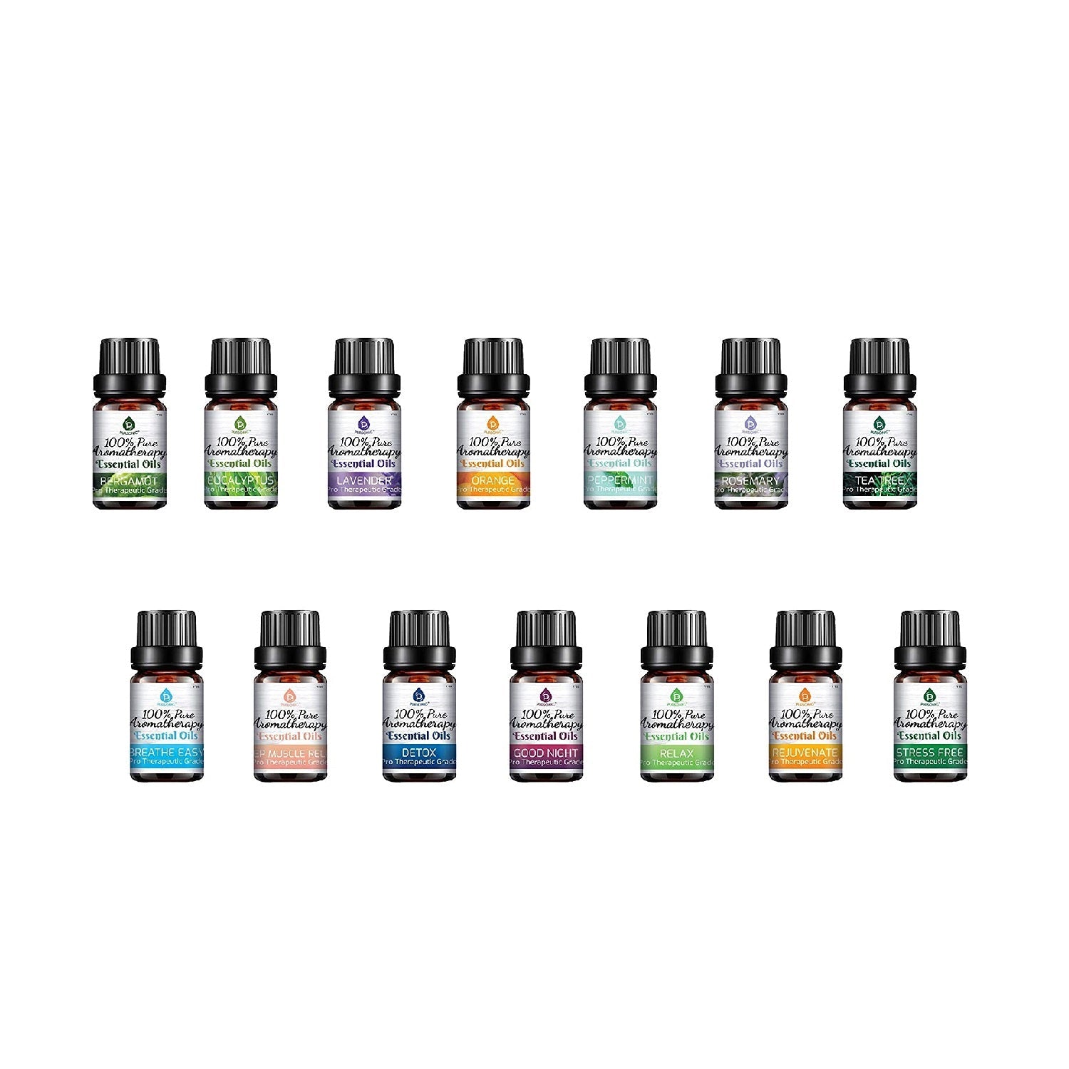 14-Pack 100% Pure Therapeutic Essential Oils | No Fillers or Additives | Eucalyptus, Lavender, Peppermint & More | PURSONIC