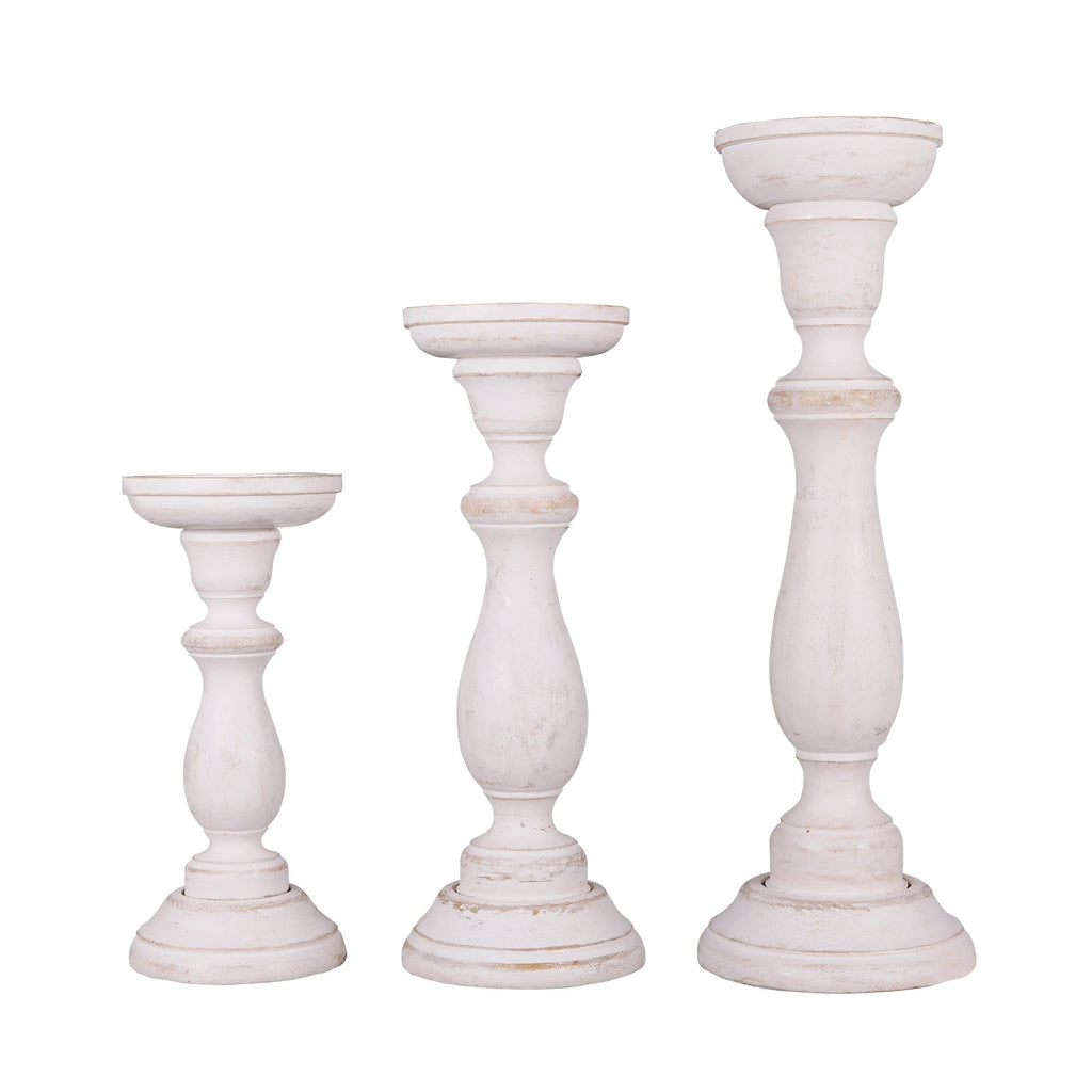 Shabby Chic Pillar Candleholder Set | Set of 3 | Handcrafted Wood | 9", 12" & 15" | Powered by People