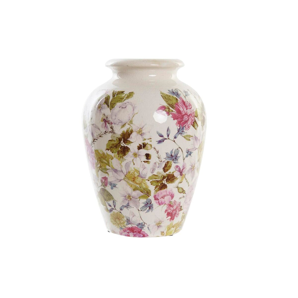 Shabby Chic Floral Stoneware Vase — White, Green & Maroon