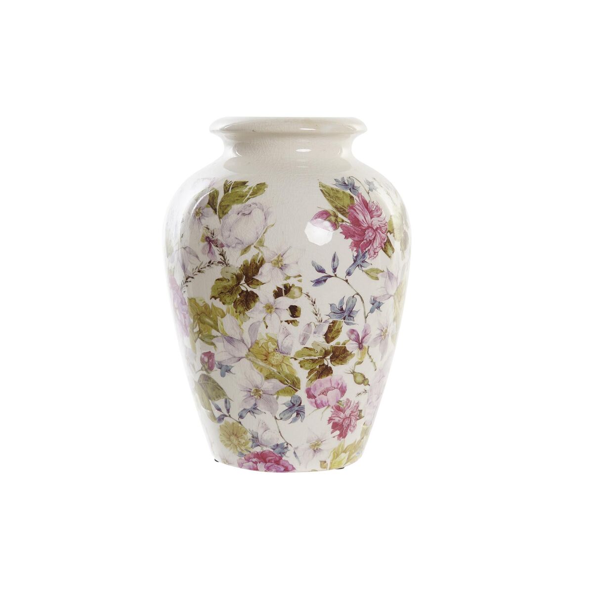 Shabby Chic Floral Stoneware Vase — White, Green & Maroon