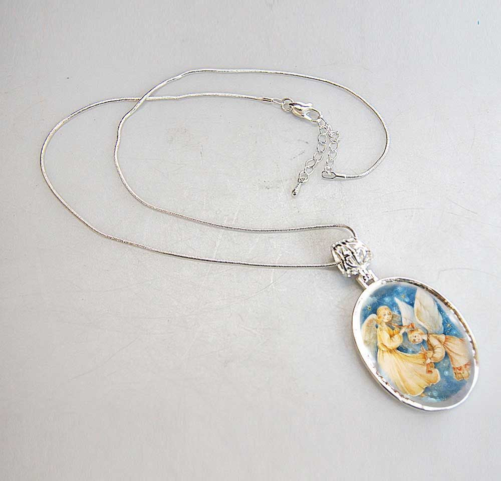 Angels Watching Over Mother-of-Pearl Pendant Necklace, Silver-Plated