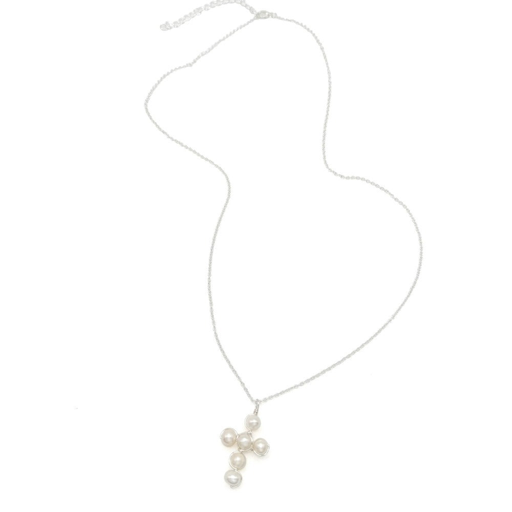 Good News Freshwater Pearl Cross Necklace | Silver Plated | Wire Wrapped
