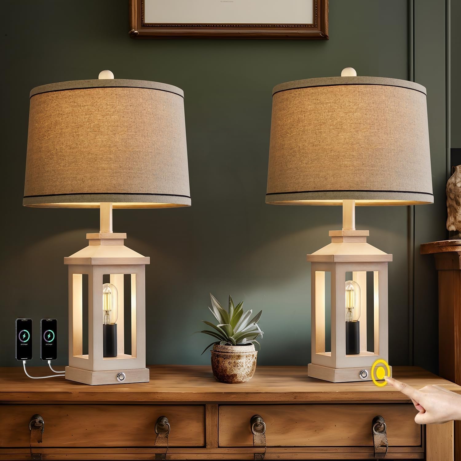 White Farmhouse Table Lamp Set With Dimmable Touch Control