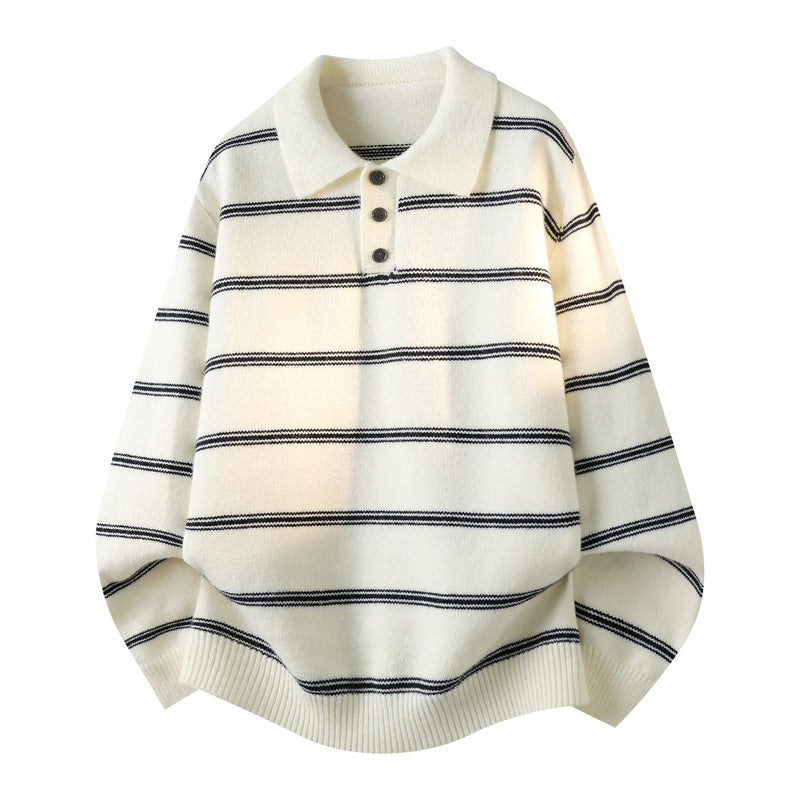 Men's Casual Striped Long Sleeve Polo Collar Knit Sweater
