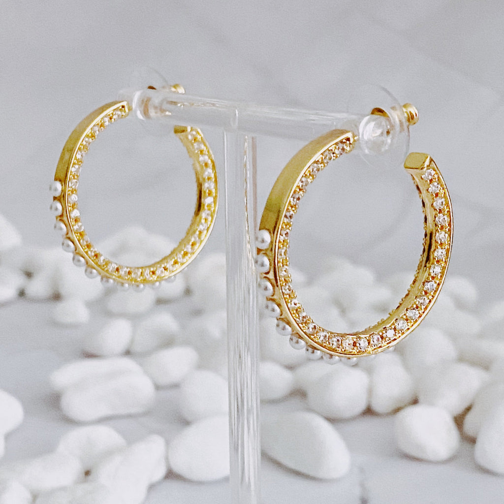 Classy Lady Pearl Hoop Earrings | 18K Gold Plated Brass | Pearl & Cubic Zirconia