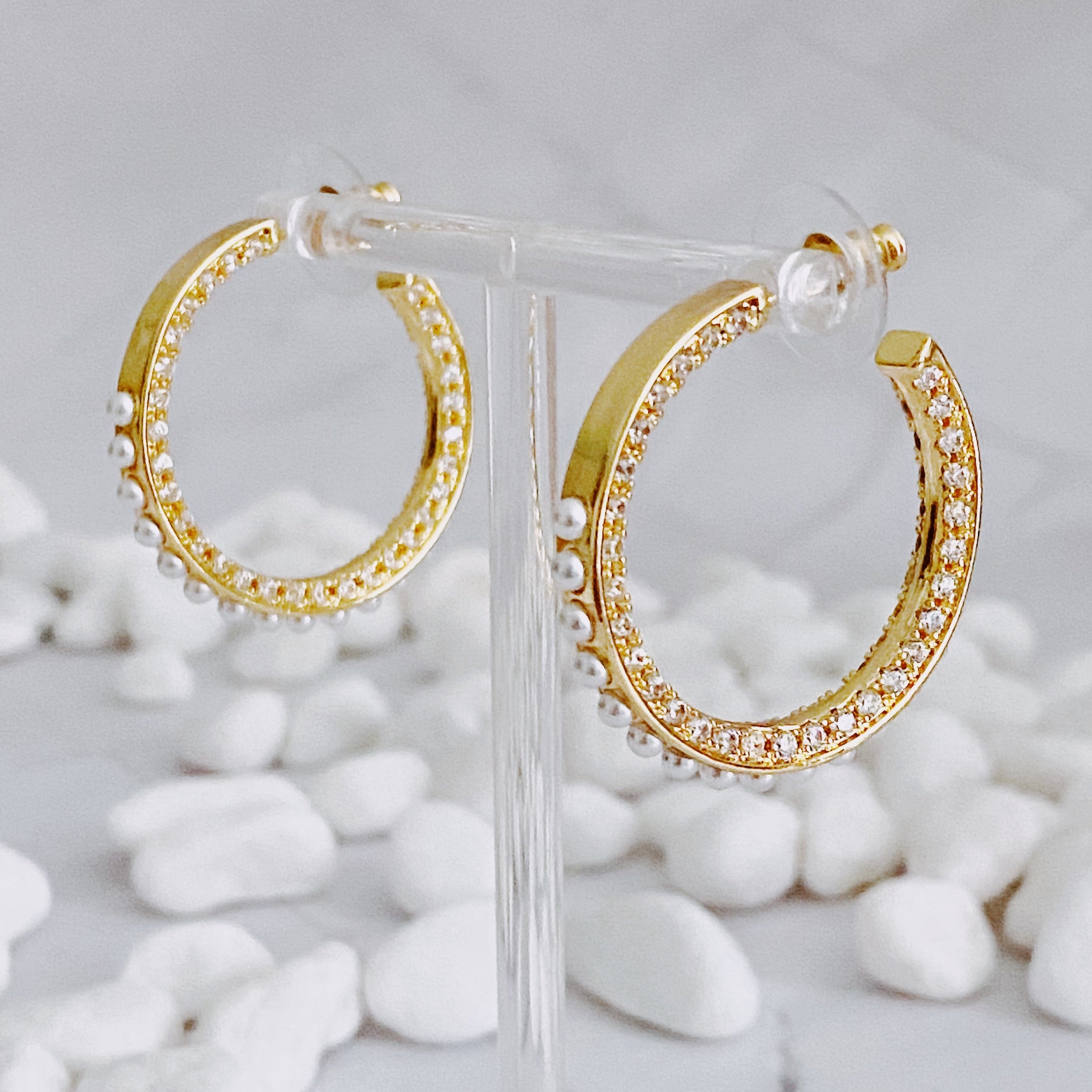 Classy Lady Pearl Hoop Earrings | 18K Gold Plated Brass | Pearl & Cubic Zirconia