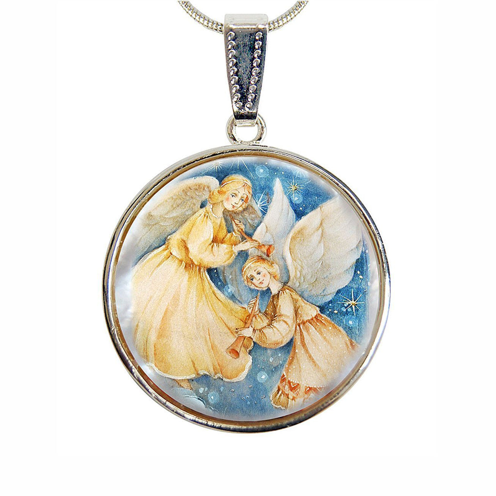 Angels Watching Over Mother-of-Pearl Pendant Necklace, Silver-Plated