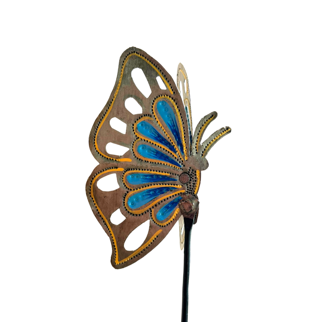 Blue Butterfly Garden Stake – Hand-Painted Metal Art