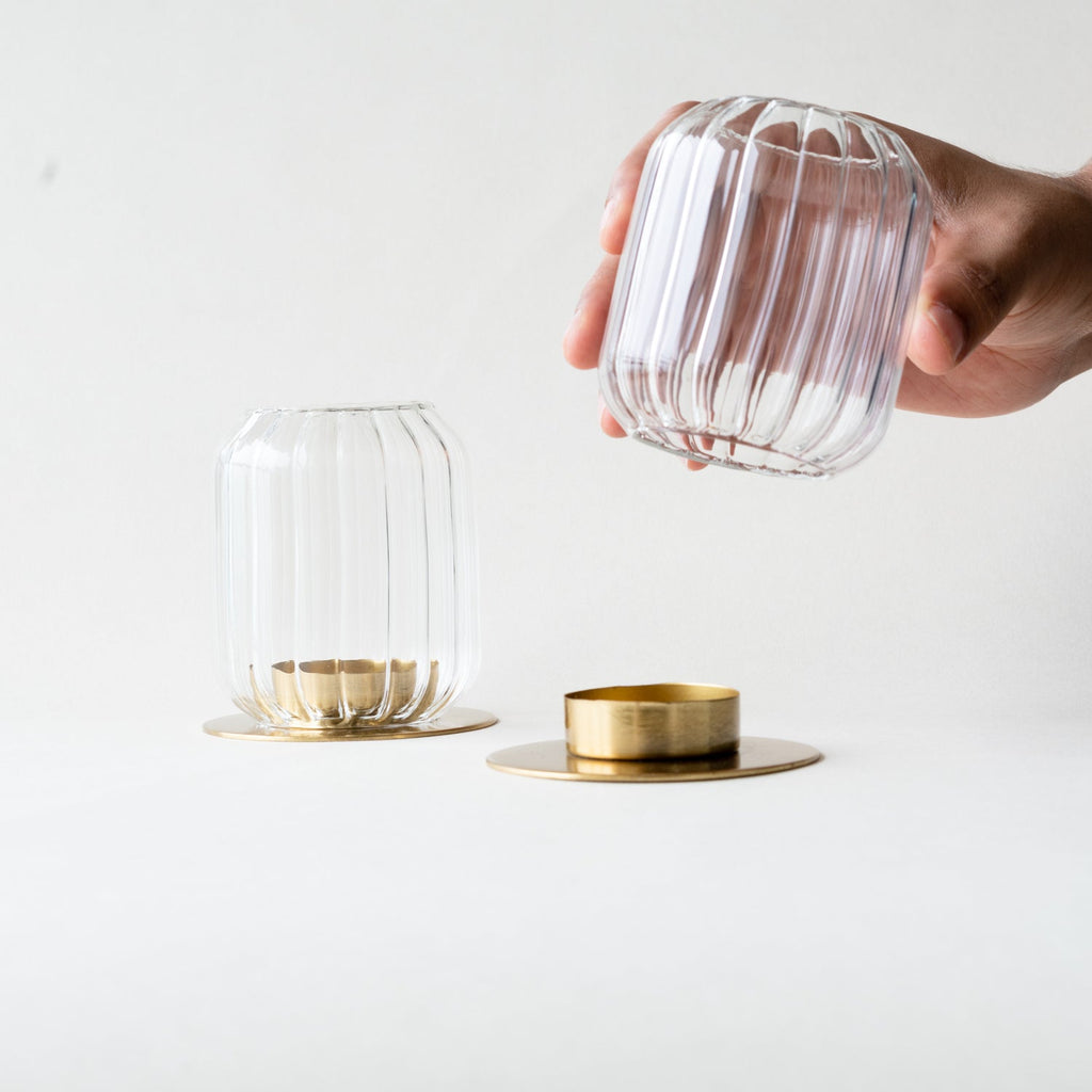 Kira Fluted Glass Lantern Candle Holders | Set of 2 | Mouth-Blown Borosilicate Glass | Brass Base