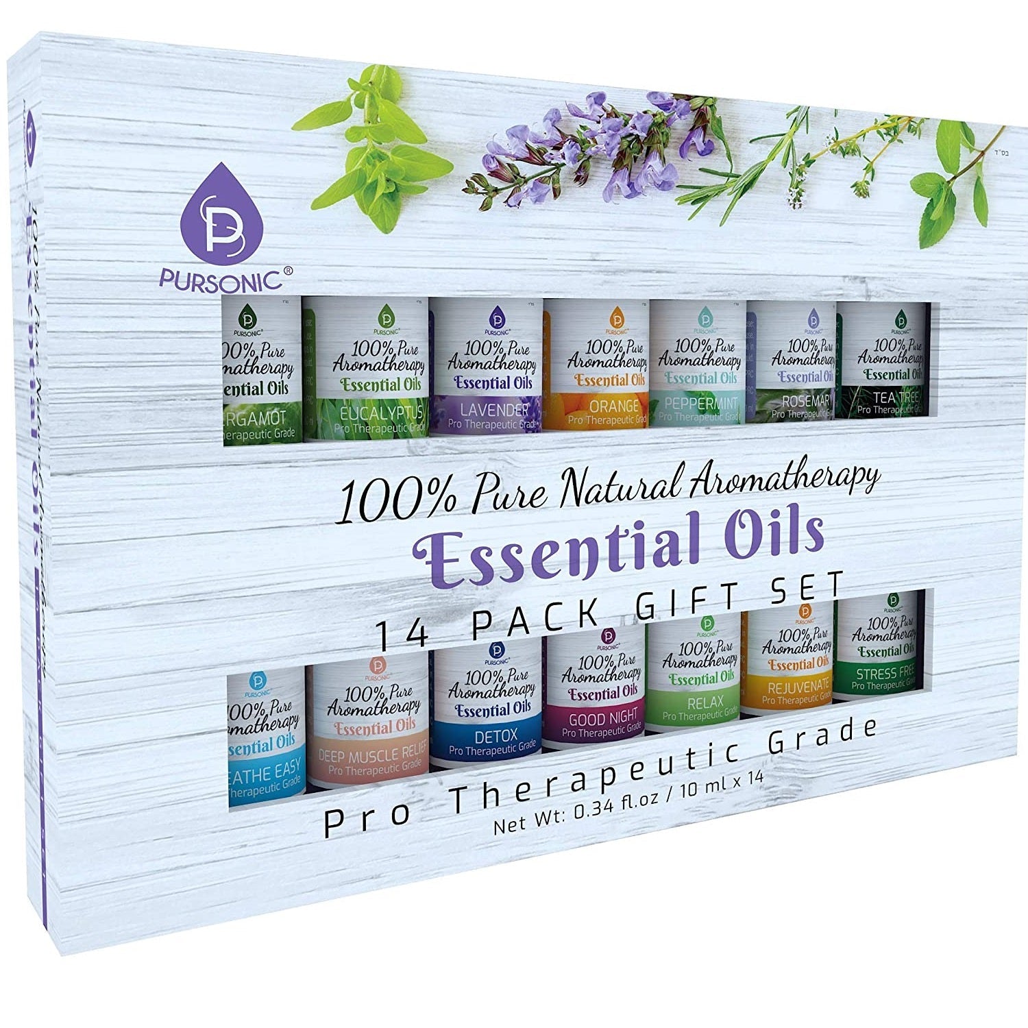 14-Pack 100% Pure Therapeutic Essential Oils | No Fillers or Additives | Eucalyptus, Lavender, Peppermint & More | PURSONIC