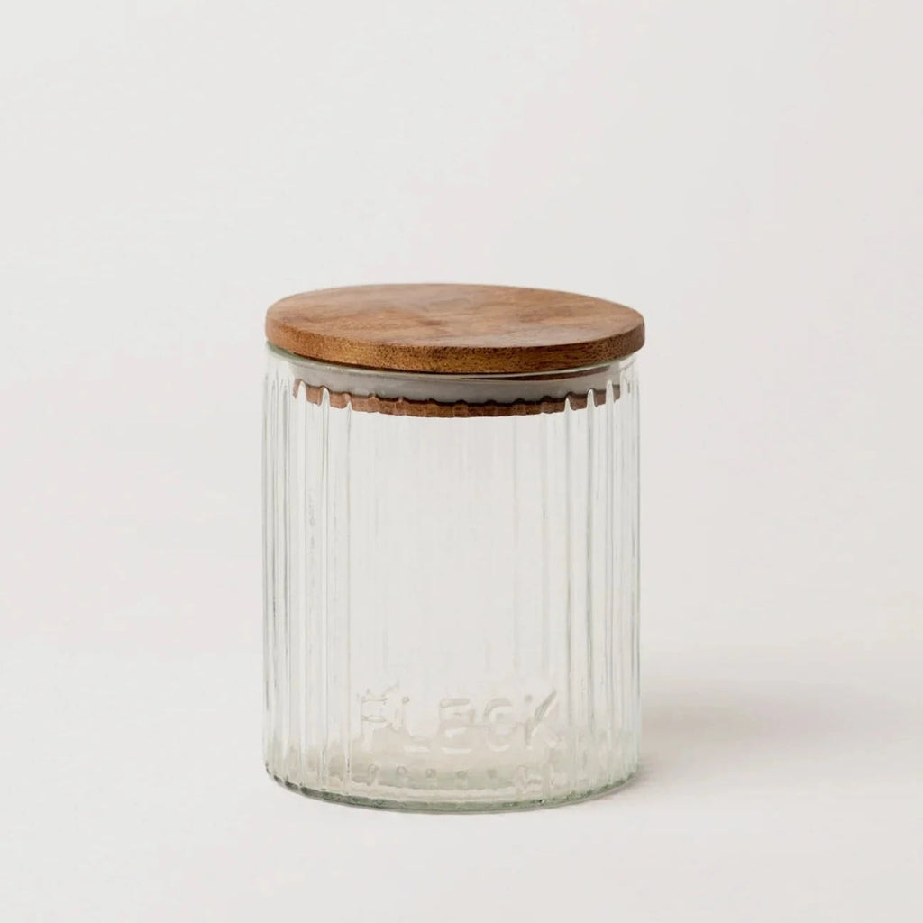 Hand-Blown Fluted Glass Storage Jars | Set of 3 | Wood Lid