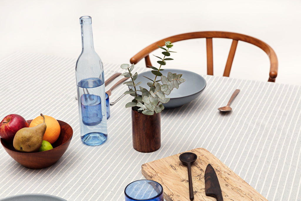 Pinstripe Cotton Tablecloth | Montreal, Quebec | 100% Cotton | 3 Sizes | Natural & Grey | MEEMA