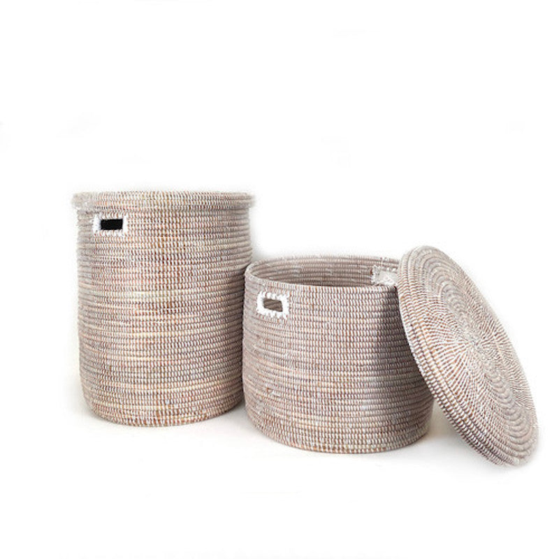 White Flat Lid Basket | Large | Handwoven Millet Grass | 20"H x 16"W | Wolof Artisans | Senegal | Mbare