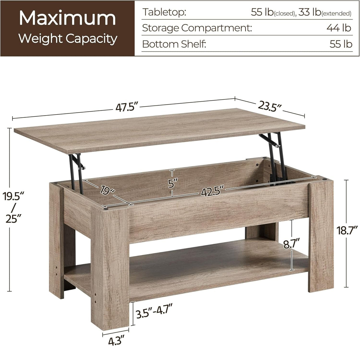 Lift Top Coffee Table With Hidden Compartment Grey