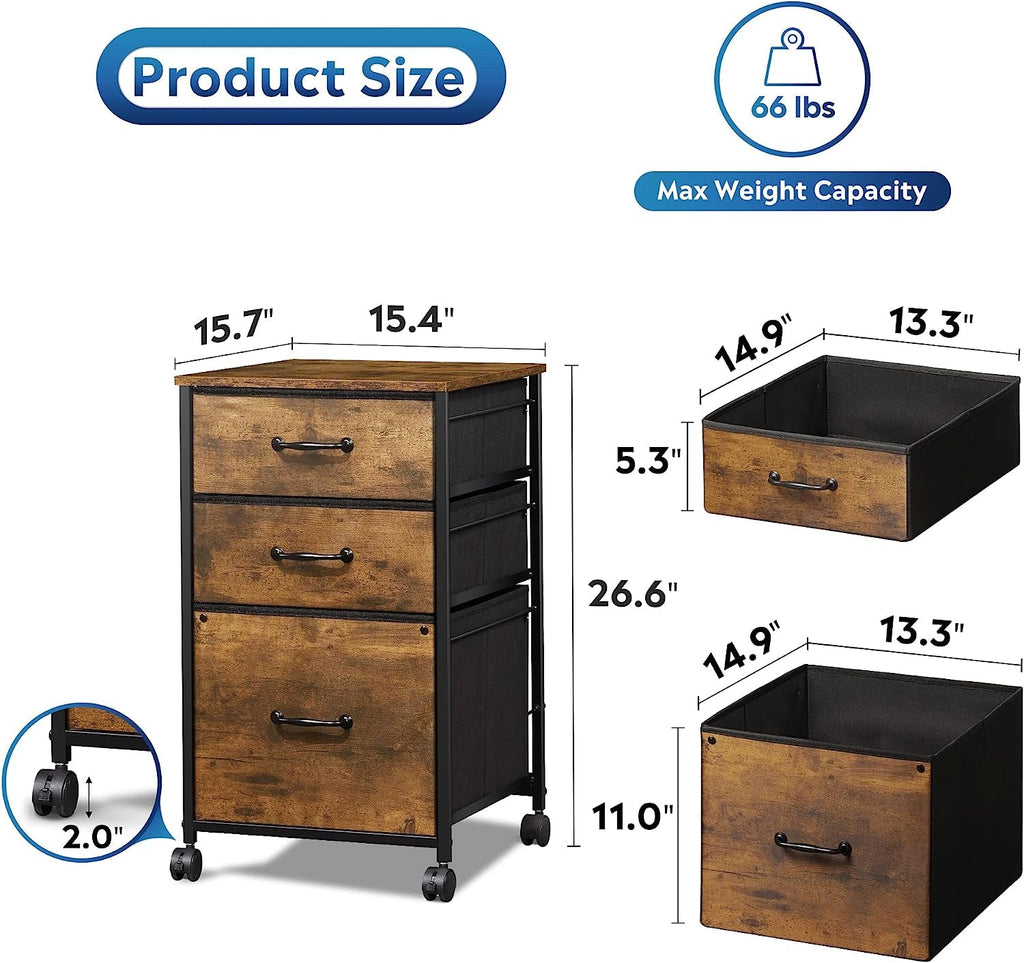 Rolling File Cabinet 3 Drawer In Rustic Brown Office Furniture