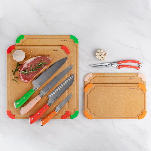 9-Piece Cutting Board & Knife Set | Cutting Wise | German Stainless Steel | Color-Coded Boards | Chef, Santoku, Slicer, Paring & Shears