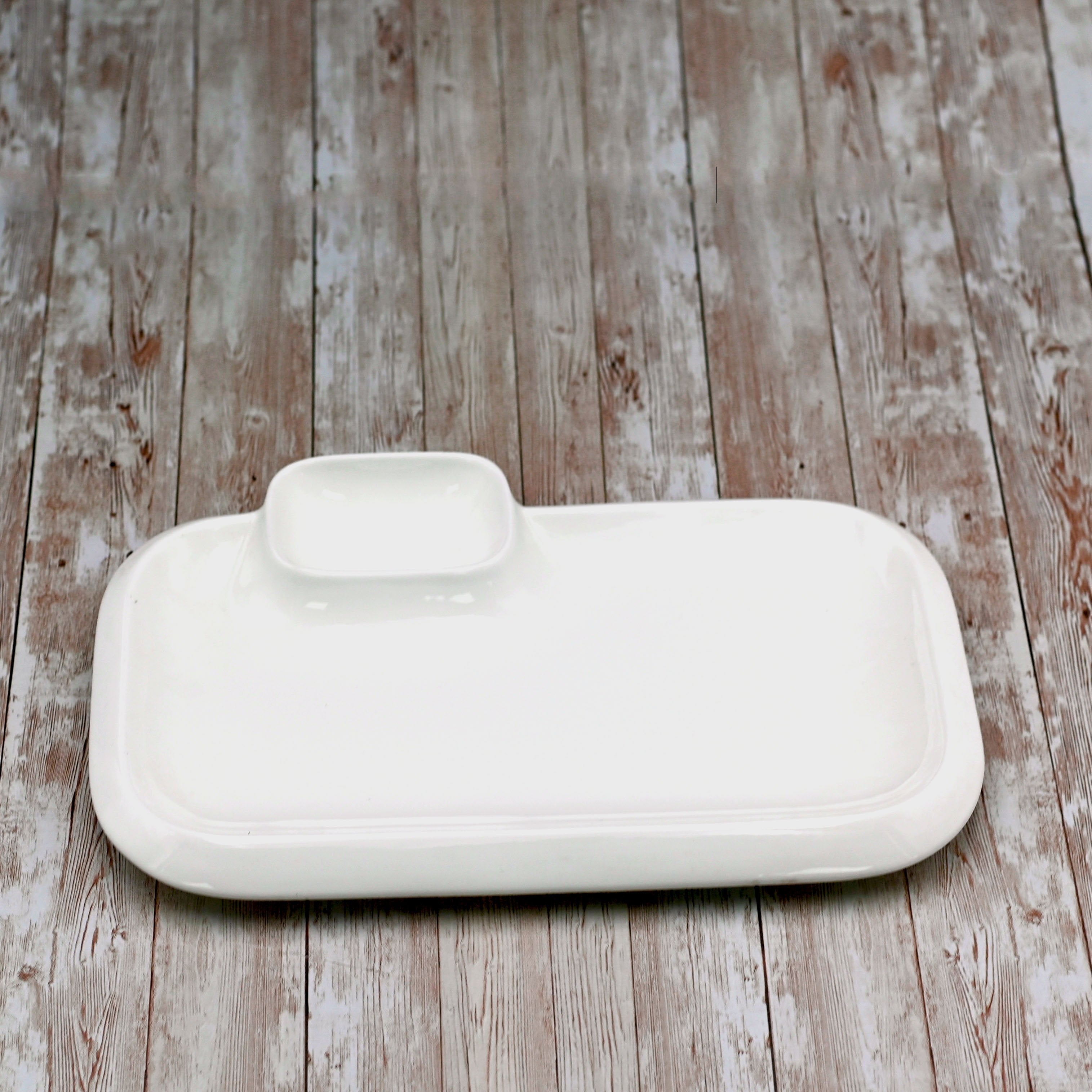 White Fine Porcelain Rectangular Platter with Sauce Compartment | 14" x 8.5" | Made in England | Wilmax