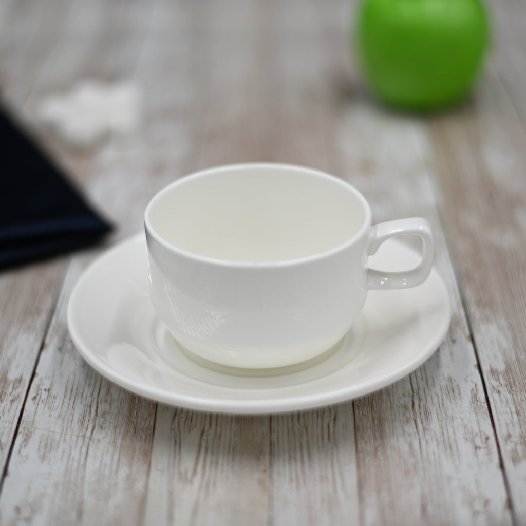 White Fine Porcelain Tea Cup & Saucer | 7 Oz | Made in England | Sold Individually | Wilmax