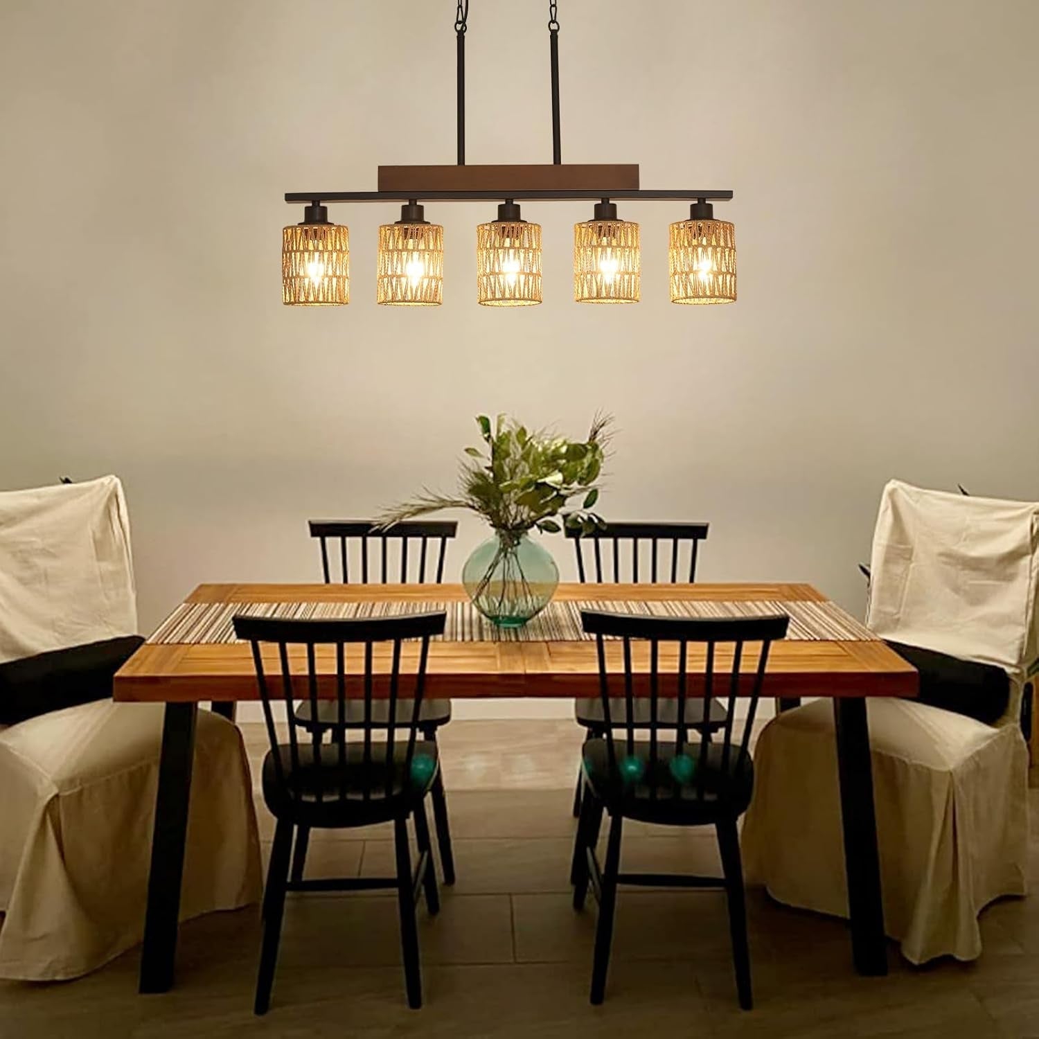 Rattan Farmhouse 5 Light Linear Chandelier Black Lighting