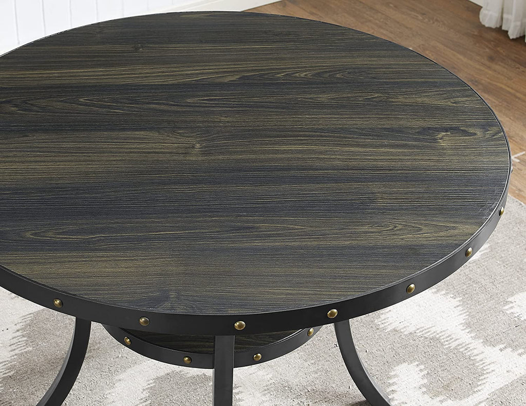 Tan Fabric Nailhead Dining Set 5 Piece Round Table