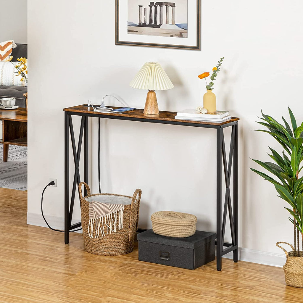 Rustic Brown Sofa Table With Power Outlet And USB Ports