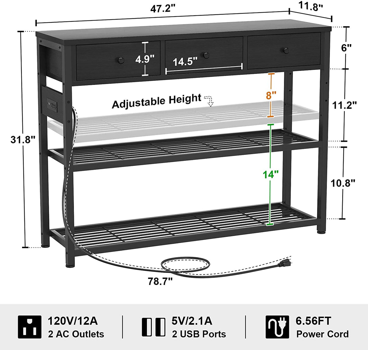 Black Console Table With USB Ports And Outlets For Living Room