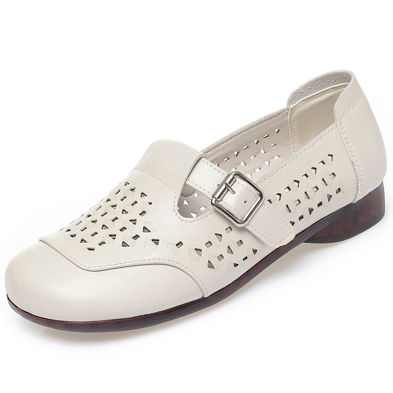 Women's singles leather shoes loafers soft soled soft top perforated sandals