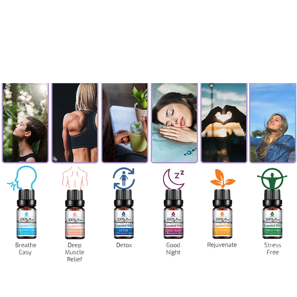 6-Pack Pure Essential Oil Blends | Breath Easy, Deep Muscle Relief, Detox, Good Night, Rejuvenate & Distress | PURSONIC