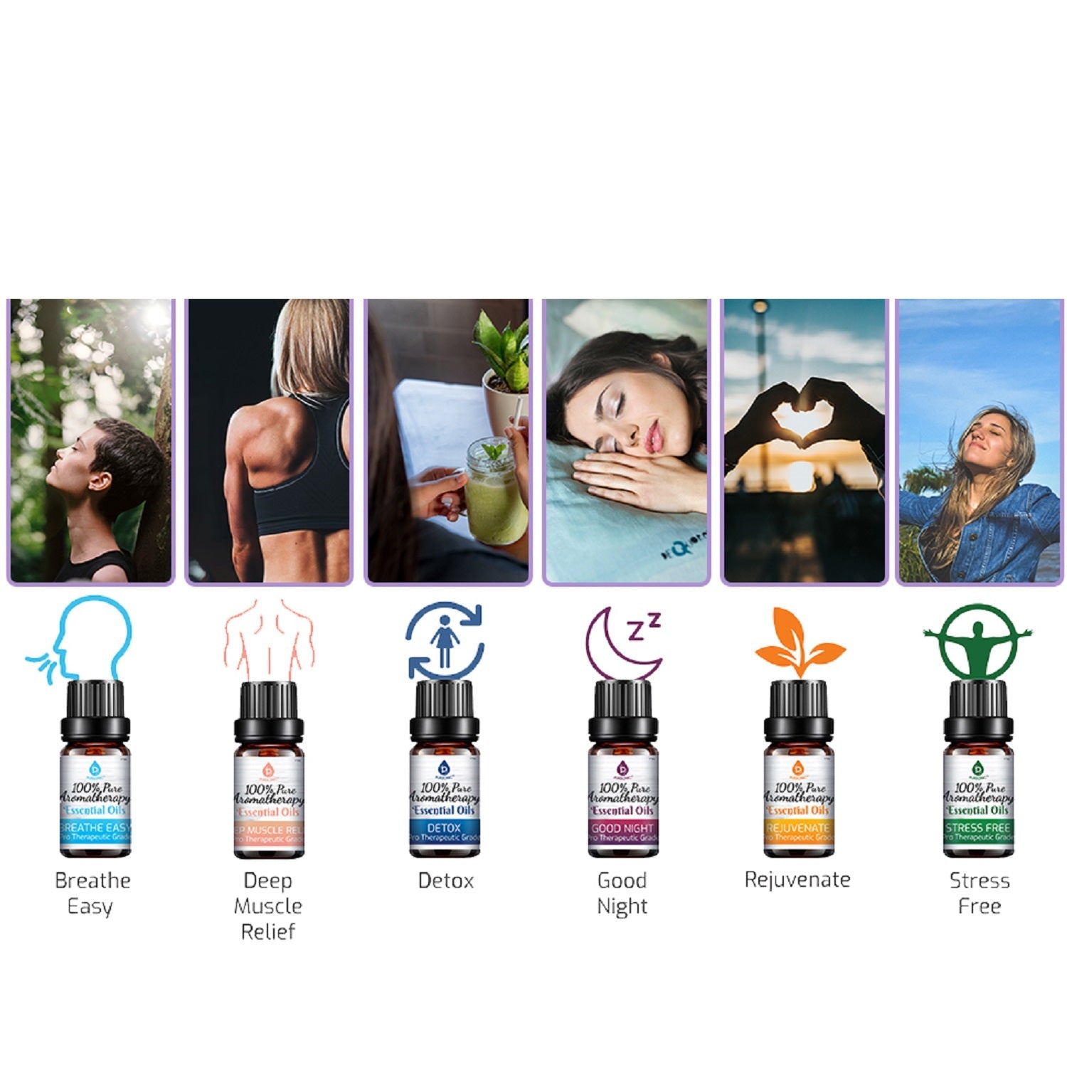 6-Pack Pure Essential Oil Blends | Breath Easy, Deep Muscle Relief, Detox, Good Night, Rejuvenate & Distress | PURSONIC
