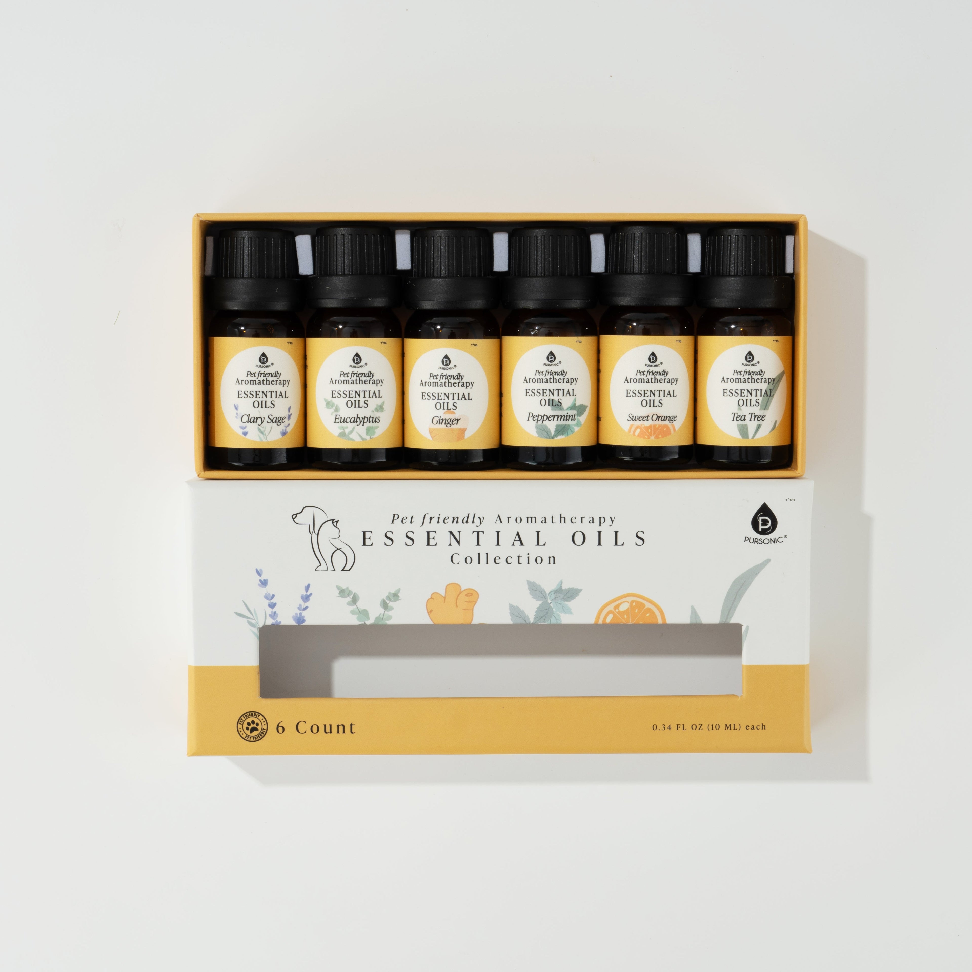 Pet-Friendly Aromatherapy Essential Oils | 6-Pack | Cedarwood, Chamomile, Frankincense, Ginger, Lavender & Rosemary | PURSONIC