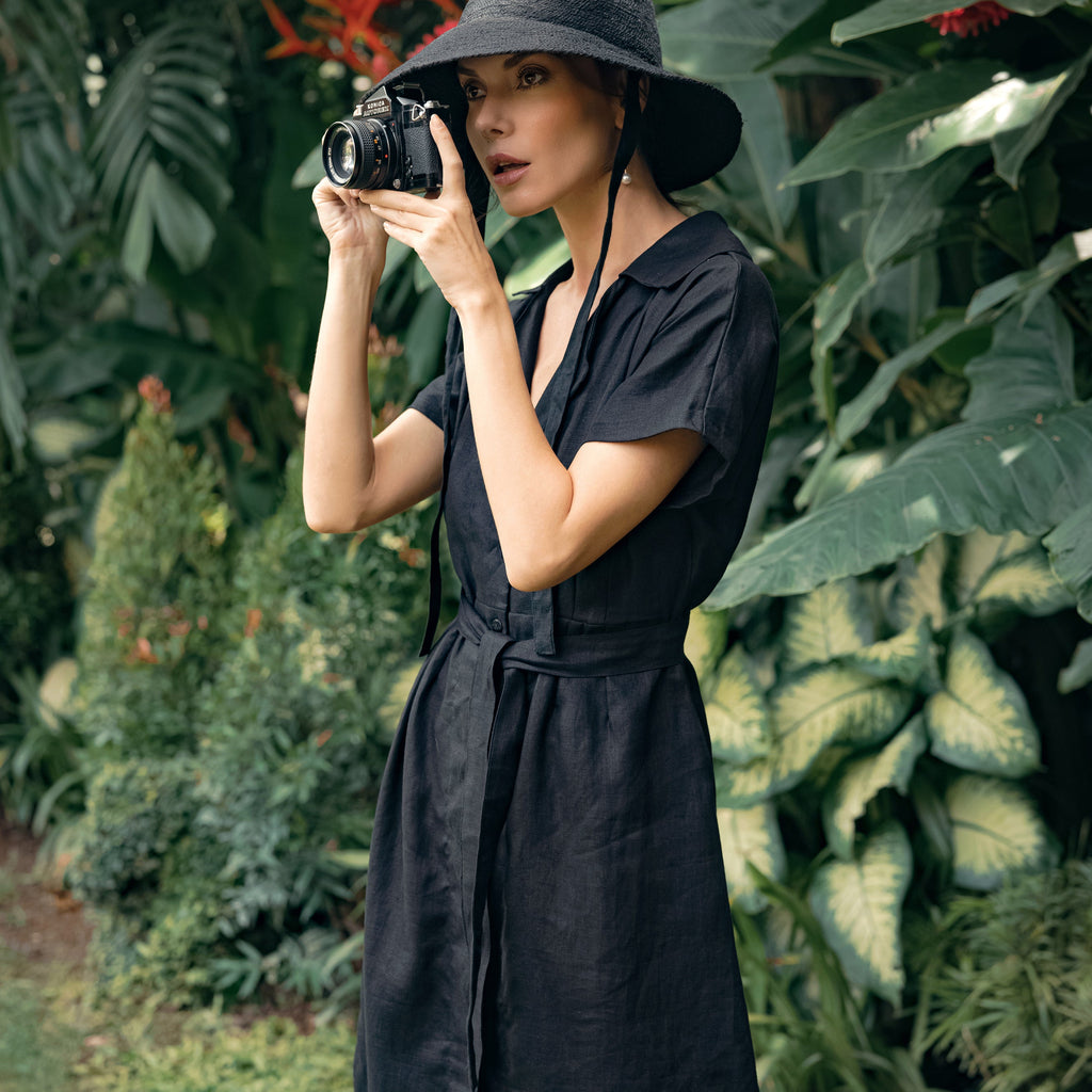 ARYA Safari Linen Midi Dress in Black | 100% Linen | Button-Down | Linen Belt | Pockets | Handmade in Bali | BrunnaCo