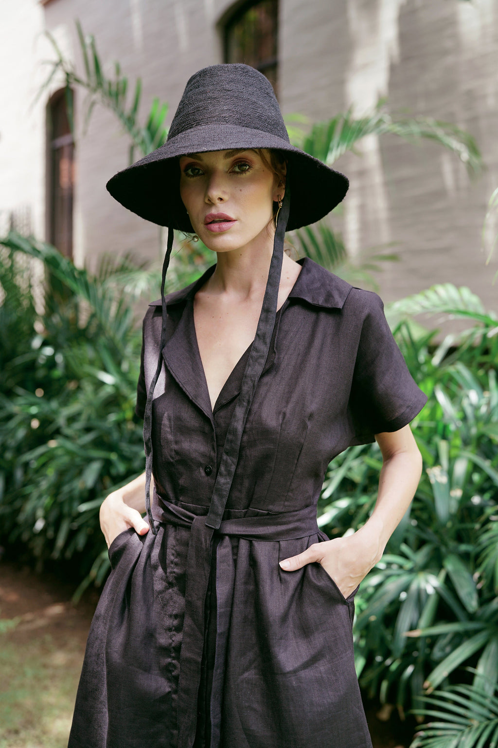 ARYA Safari Linen Midi Dress in Black | 100% Linen | Button-Down | Linen Belt | Pockets | Handmade in Bali | BrunnaCo