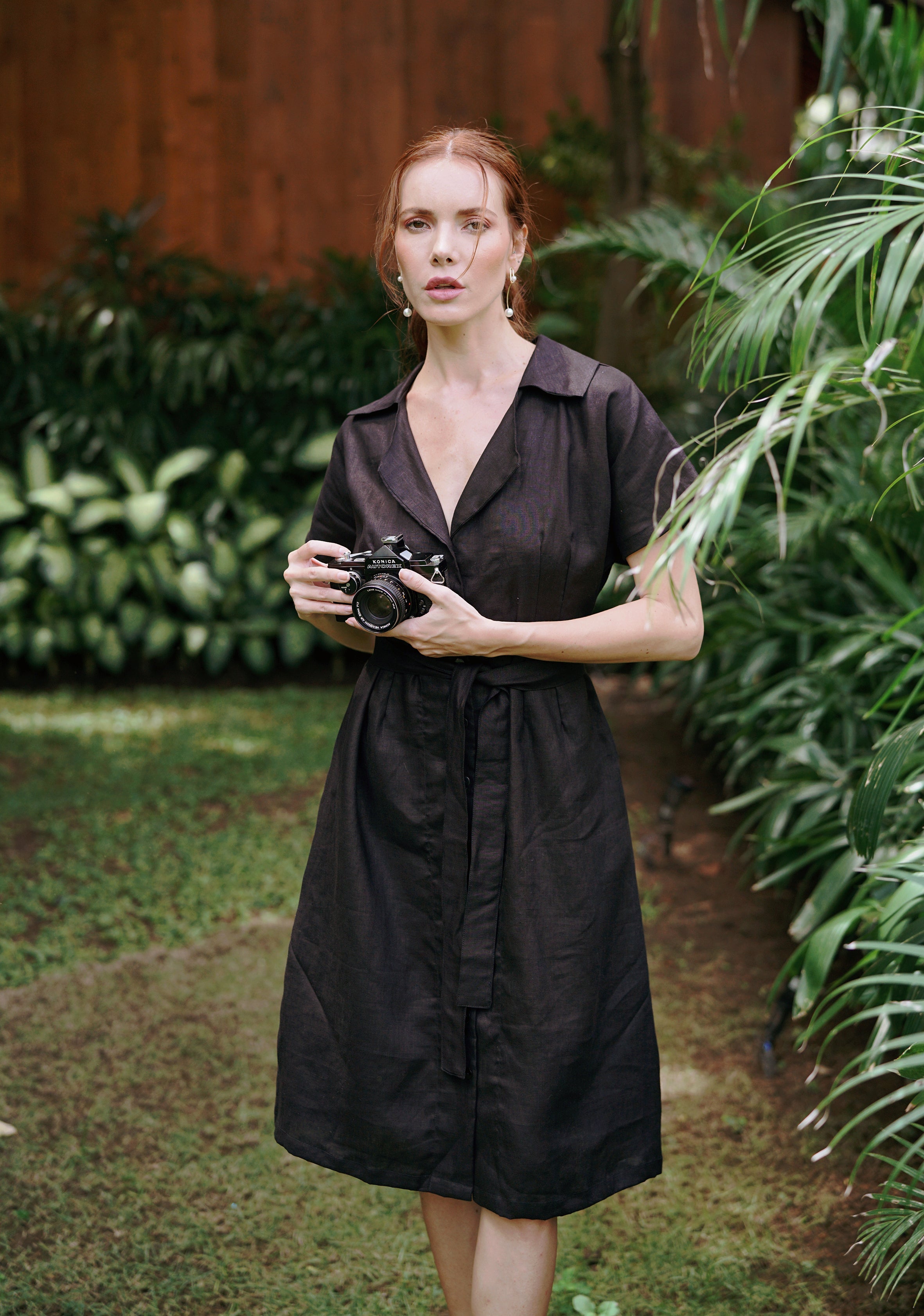 ARYA Safari Linen Midi Dress in Black | 100% Linen | Button-Down | Linen Belt | Pockets | Handmade in Bali | BrunnaCo