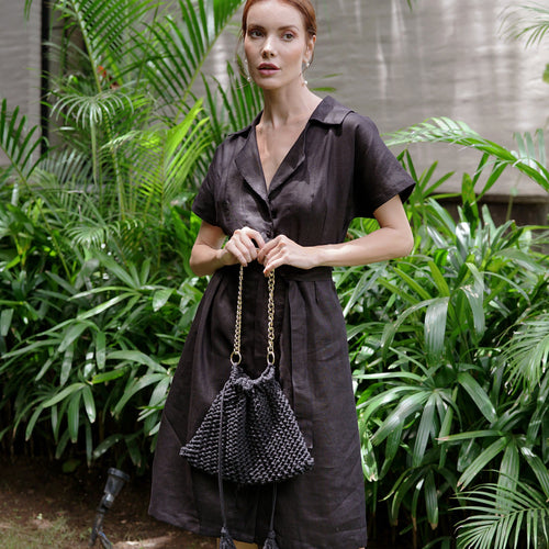 ARYA Safari Linen Midi Dress in Black | 100% Linen | Button-Down | Linen Belt | Pockets | Handmade in Bali | BrunnaCo