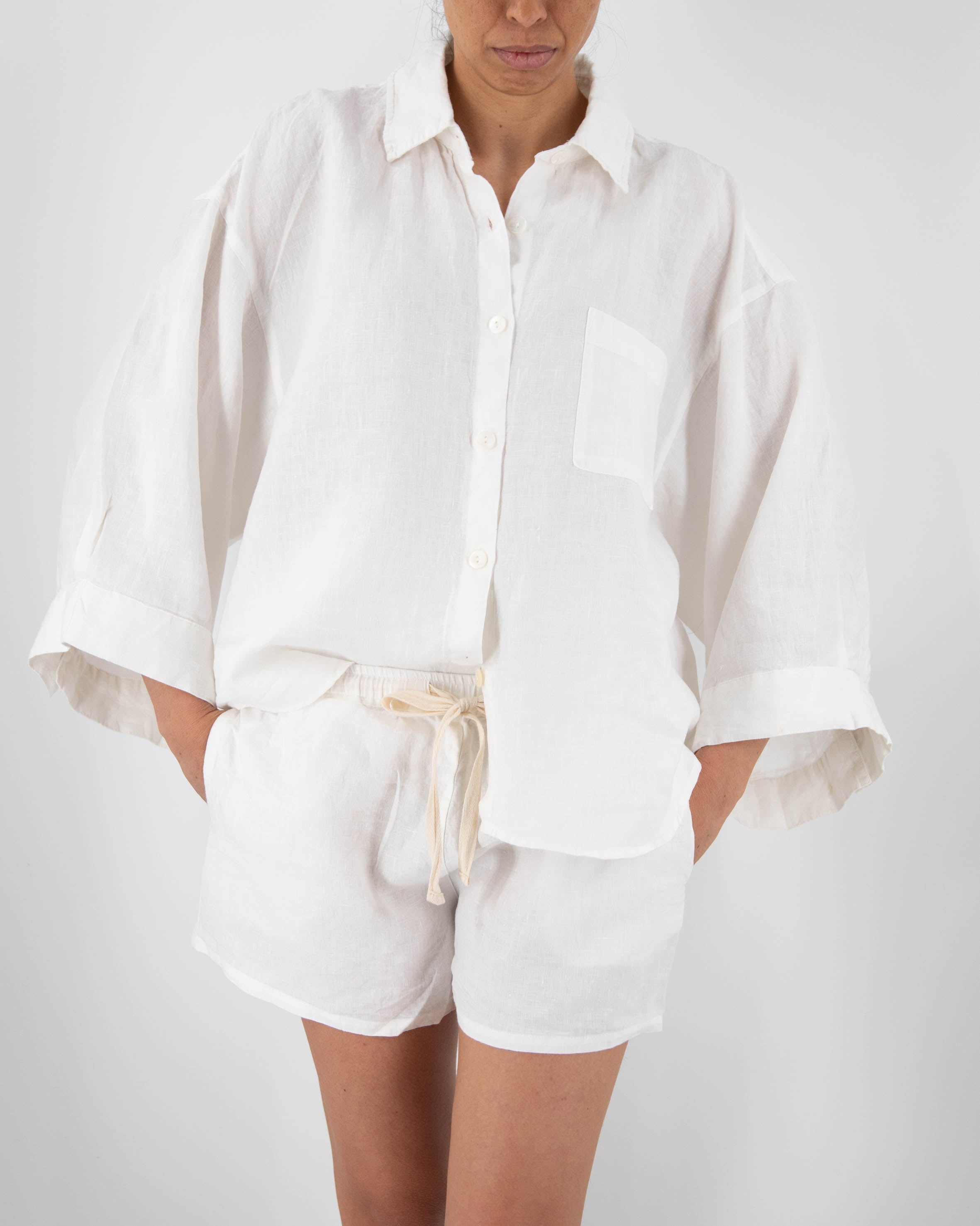 Carrie Linen Sleepwear Set | 100% French Linen | Oversized Shirt & Shorts | 11 Colors | S–L | Sunday Morning
