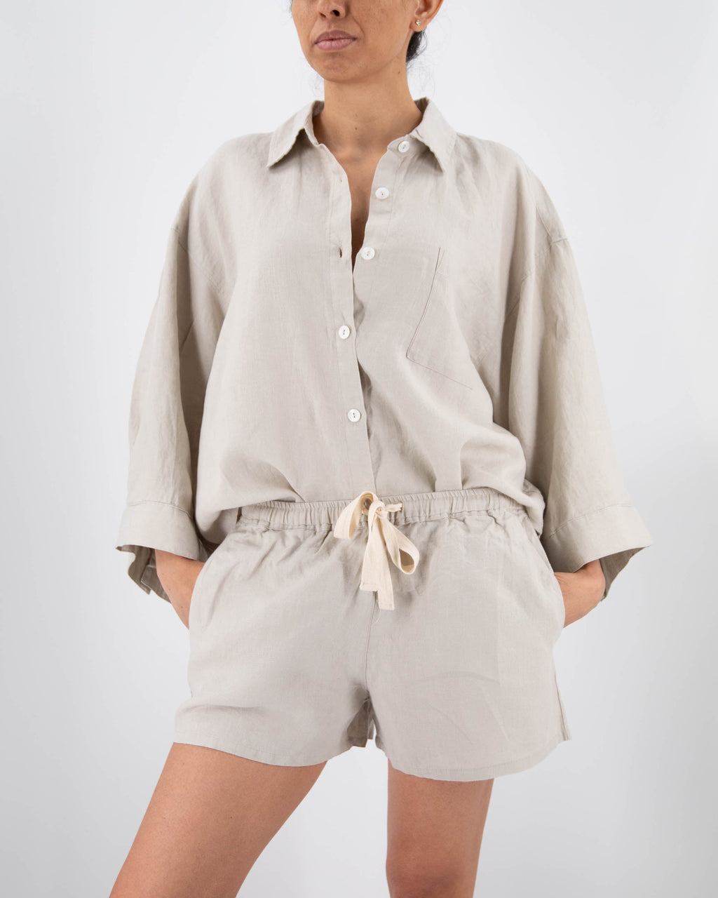Carrie Linen Sleepwear Set | 100% French Linen | Oversized Shirt & Shorts | 11 Colors | S–L | Sunday Morning