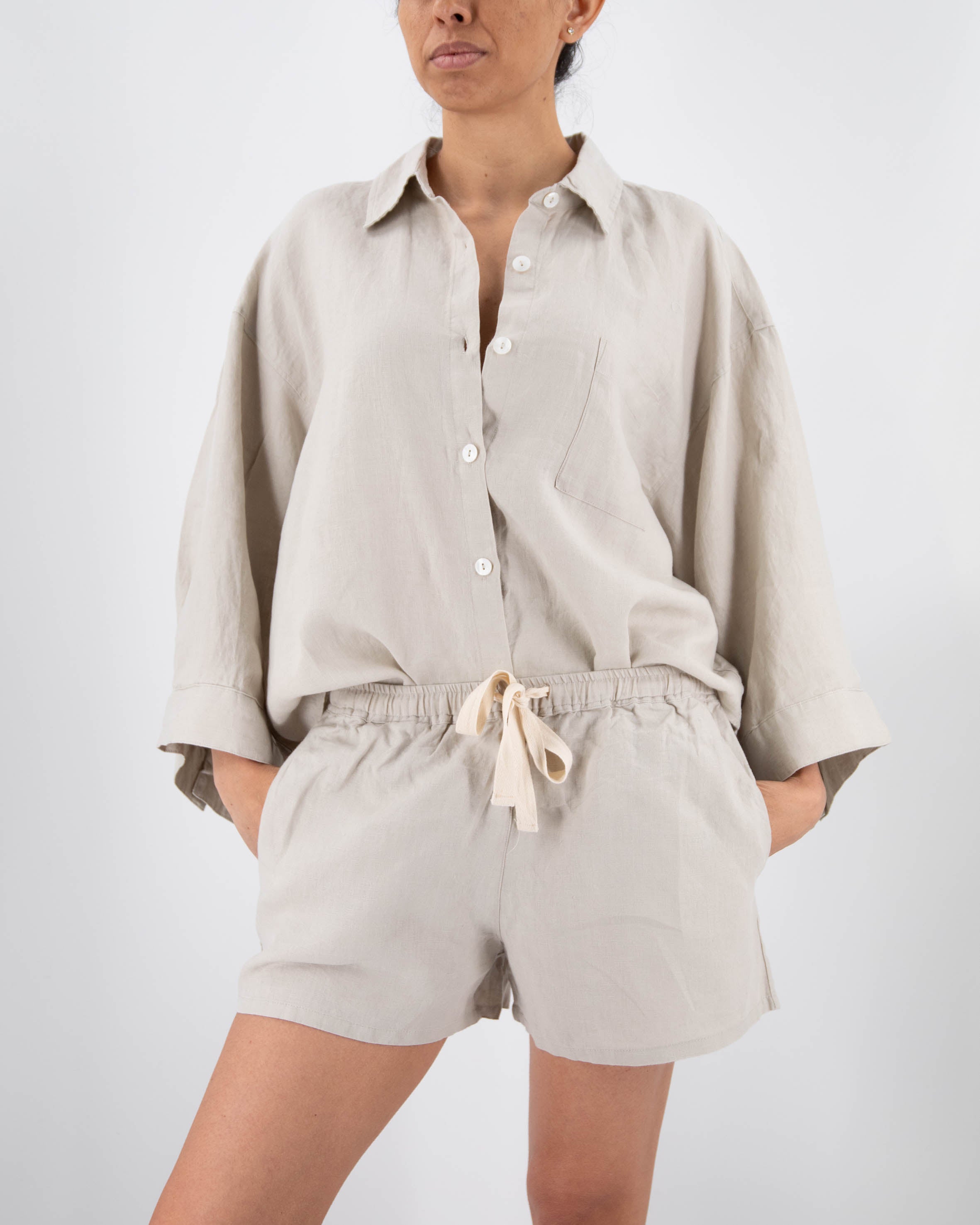 Carrie Linen Sleepwear Set | 100% French Linen | Oversized Shirt & Shorts | 11 Colors | S–L | Sunday Morning