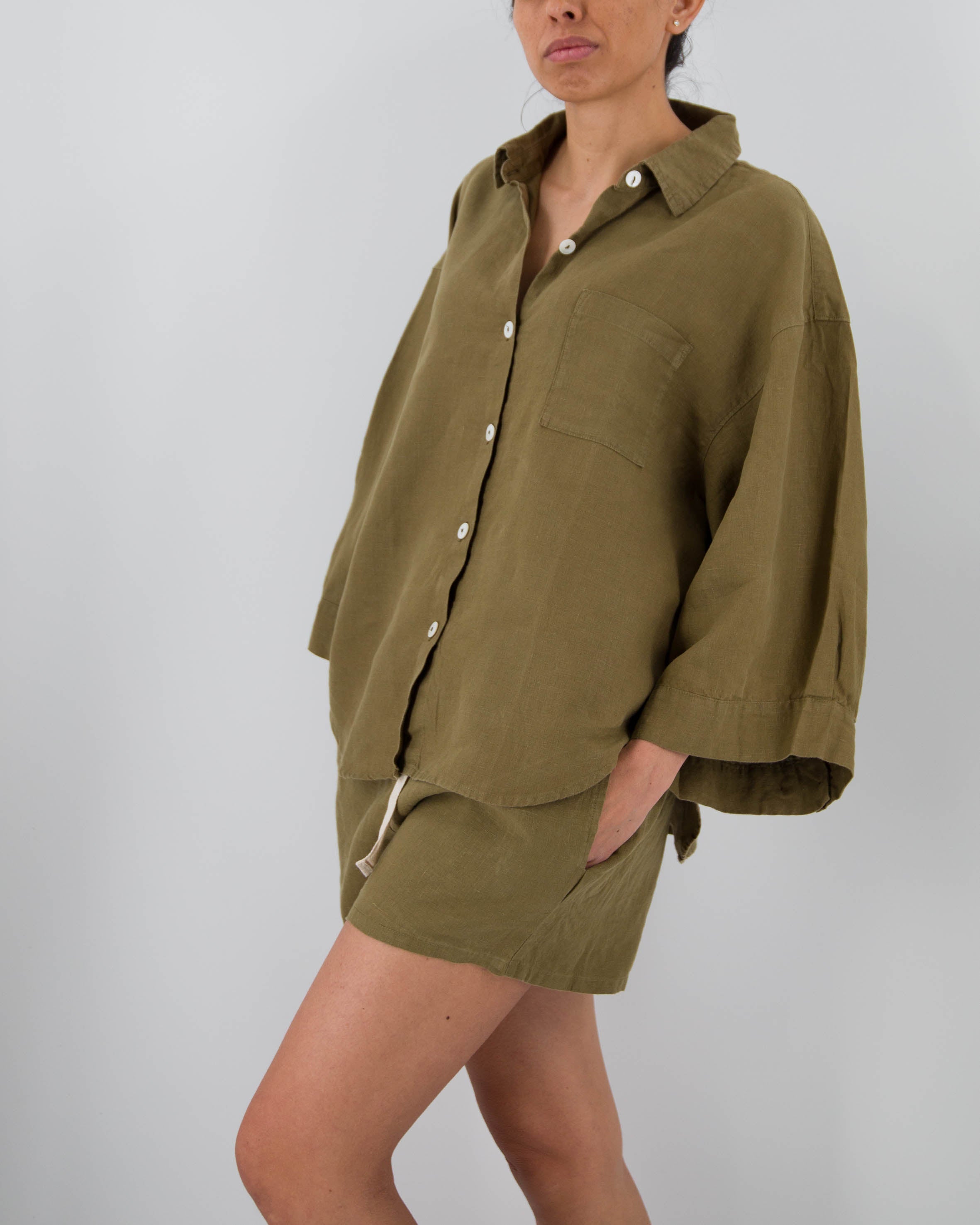 Carrie Linen Sleepwear Set | 100% French Linen | Oversized Shirt & Shorts | 11 Colors | S–L | Sunday Morning