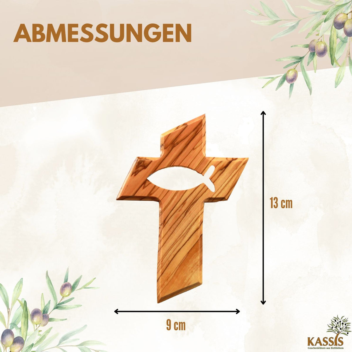 Hand-Carved Olive Wood Wall Cross with Fish Motif, 13 cm