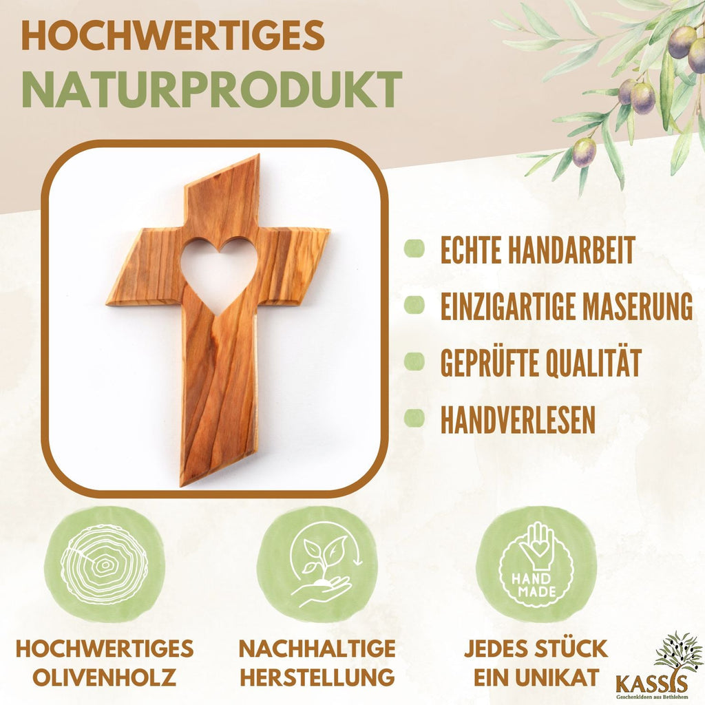 Hand-Carved Olive Wood Wall Cross with Heart Motif, 13 cm